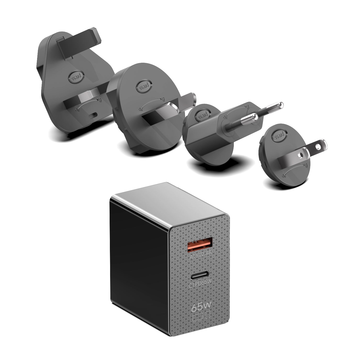 65W GaN USB-C AC Adapter for all USB-C devices up to 65W. Interchangeable plugs